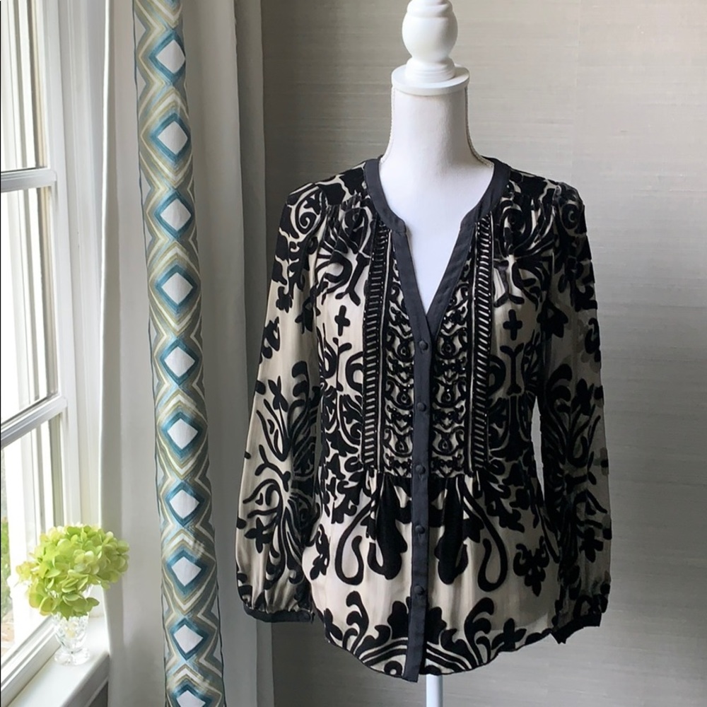 Sage green blouse w/ black velvet & beading